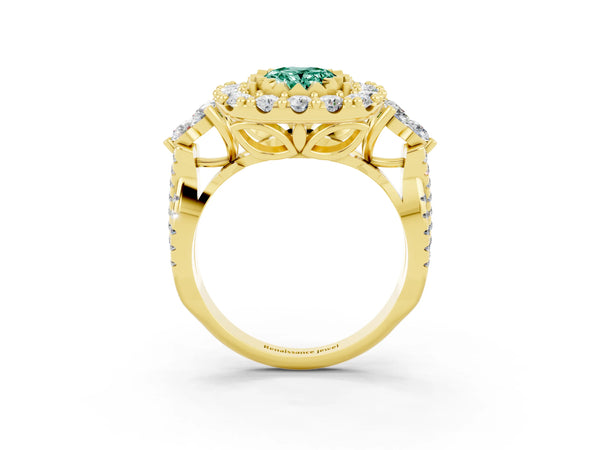 Yellow gold Oval Cut Green Sapphire Halo Ring with Pavé Band and Four-Prong Setting