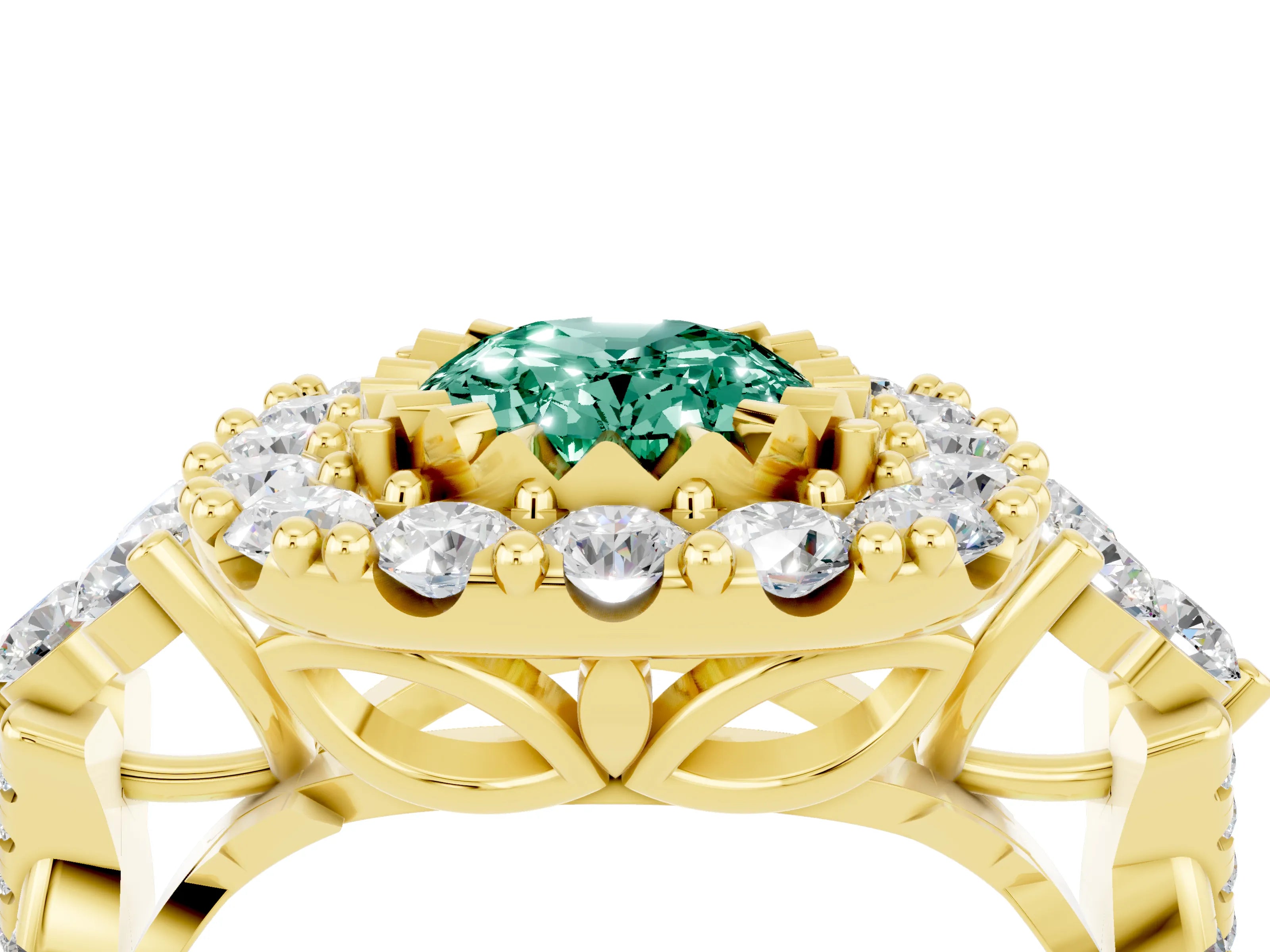 Yellow gold Oval Cut Green Sapphire Halo Ring with Pavé Band and Four-Prong Setting_16