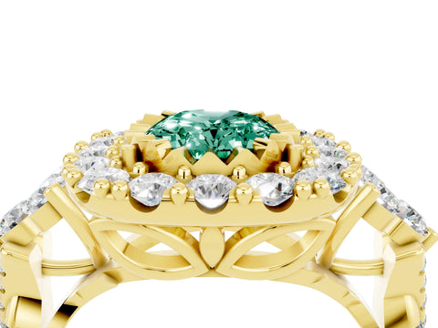 Yellow gold Oval Cut Green Sapphire Halo Ring with Pavé Band and Four-Prong Setting_16