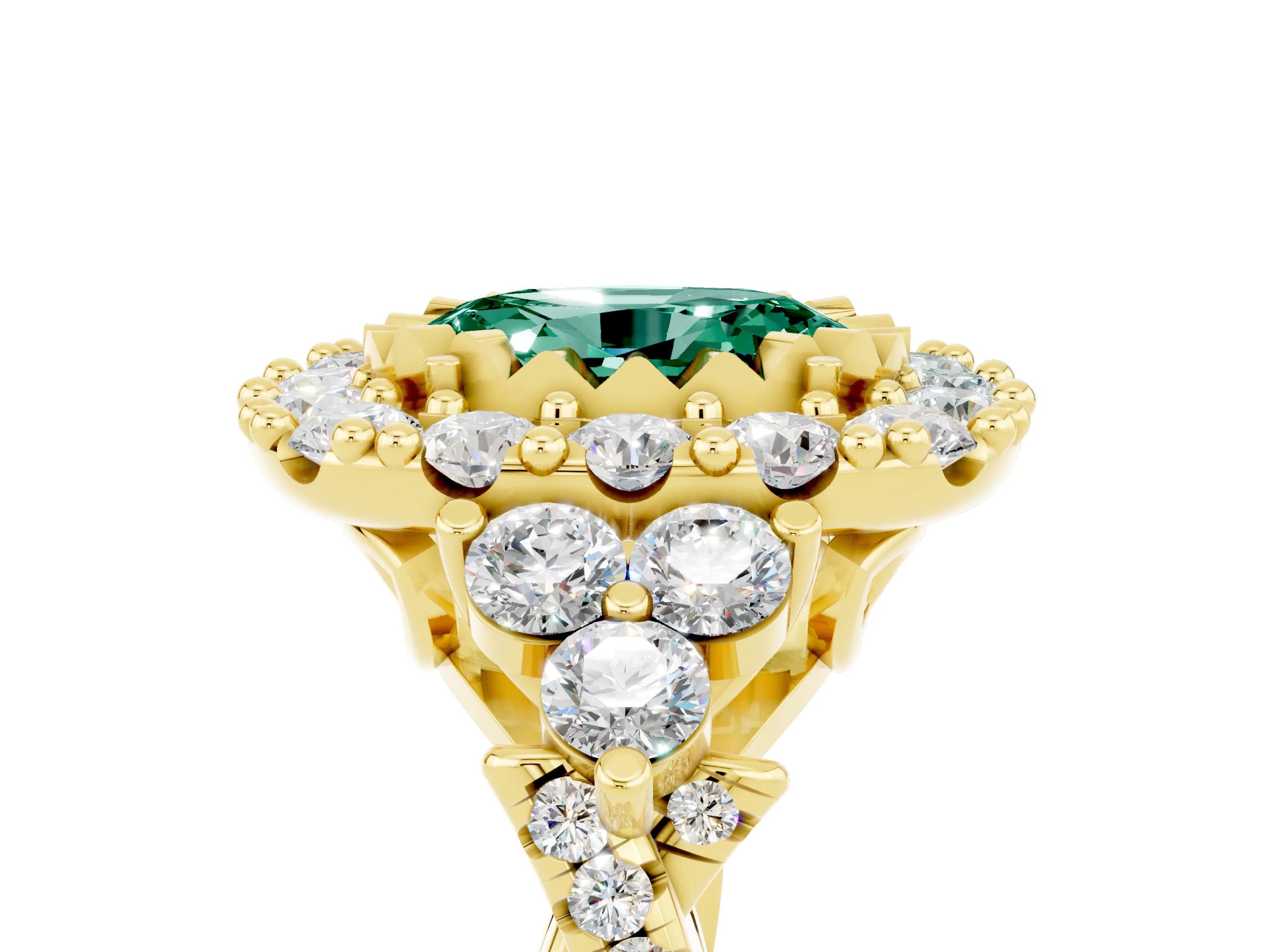 Yellow gold Oval Cut Green Sapphire Halo Ring with Pavé Band and Four-Prong Setting_17