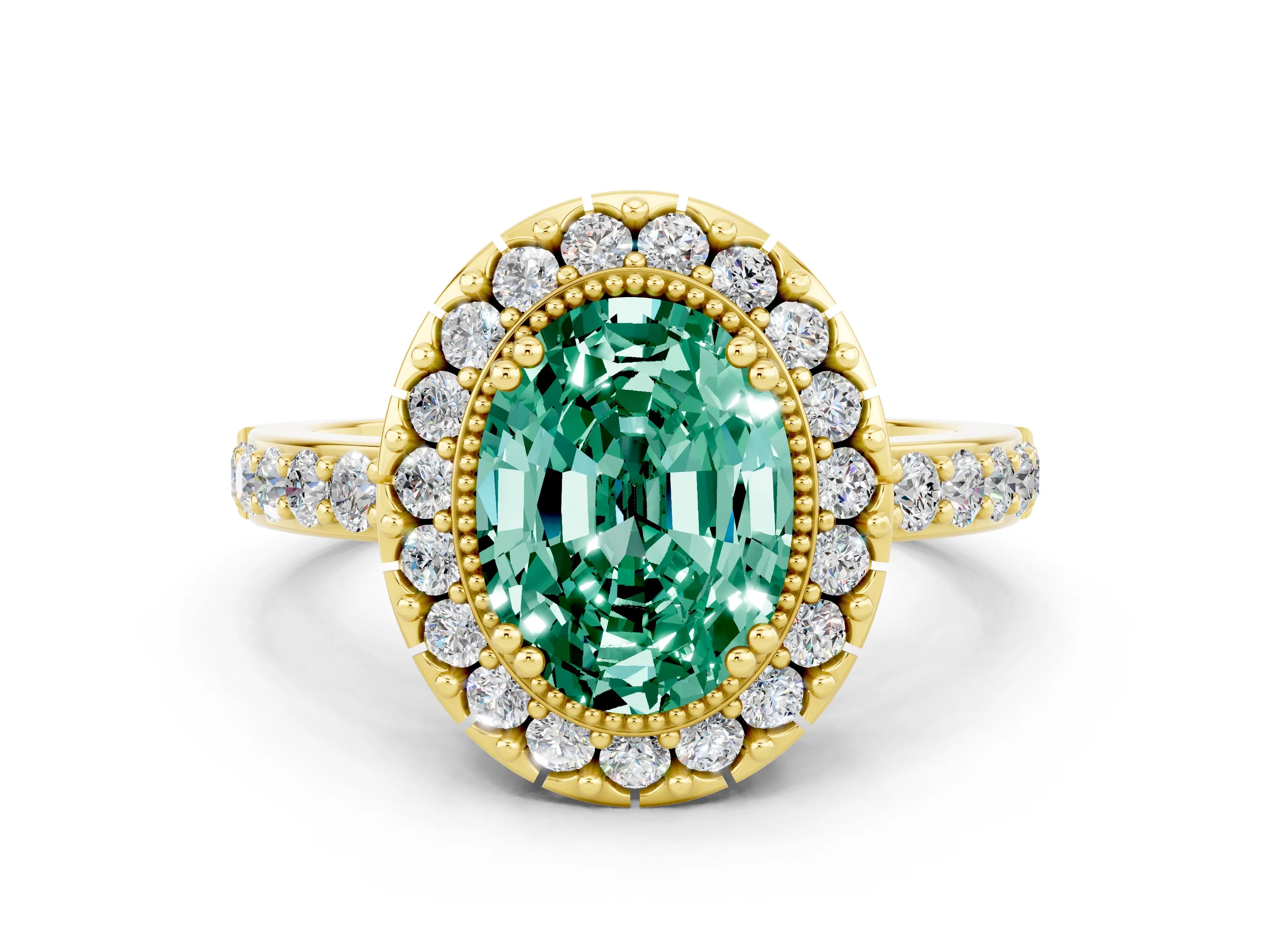 Yellow gold Oval Cut Green Sapphire Halo Ring with Pavé Band and Prong Setting