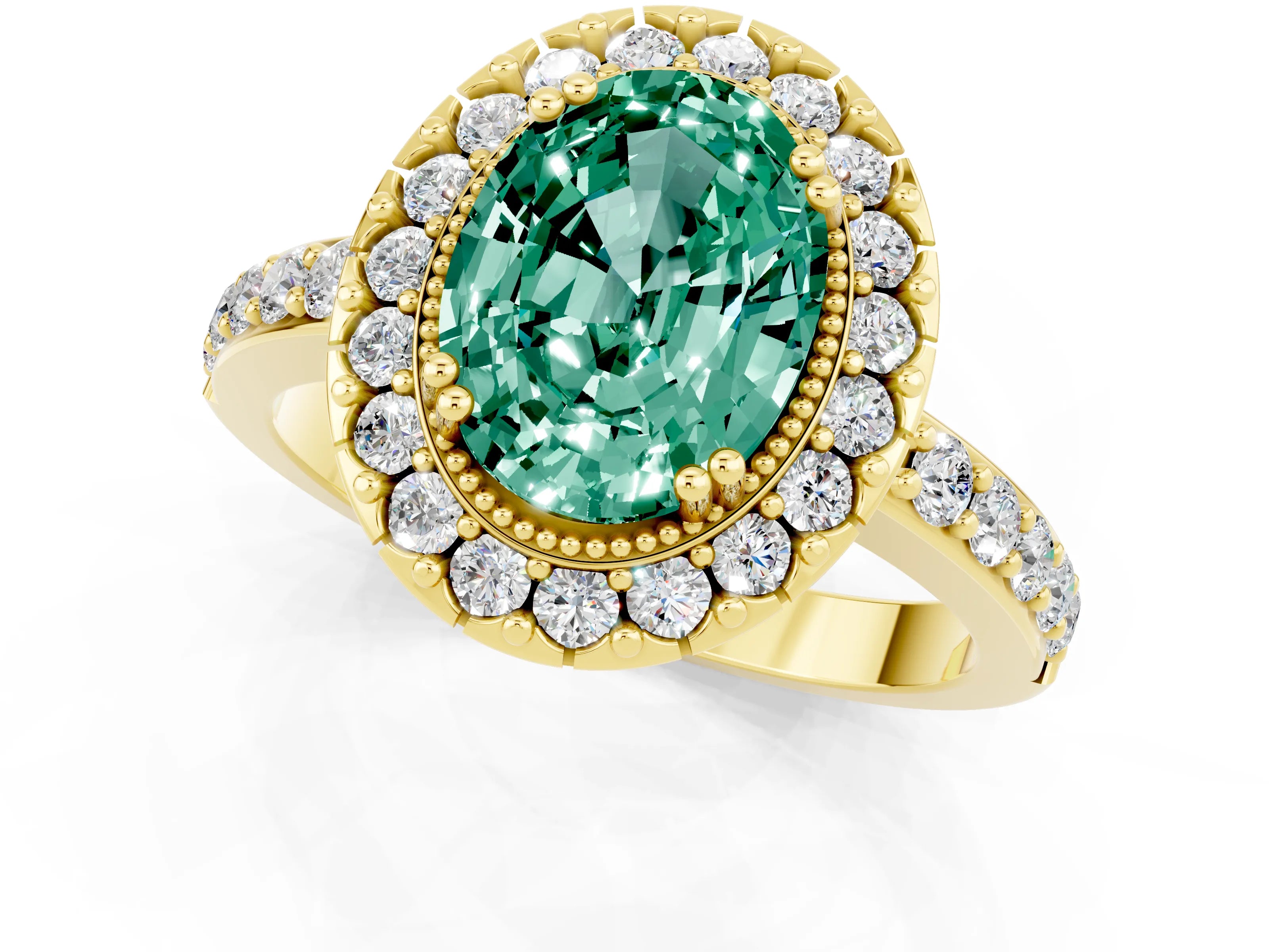 Yellow gold Oval Cut Green Sapphire Halo Ring with Pavé Band and Prong Setting_1