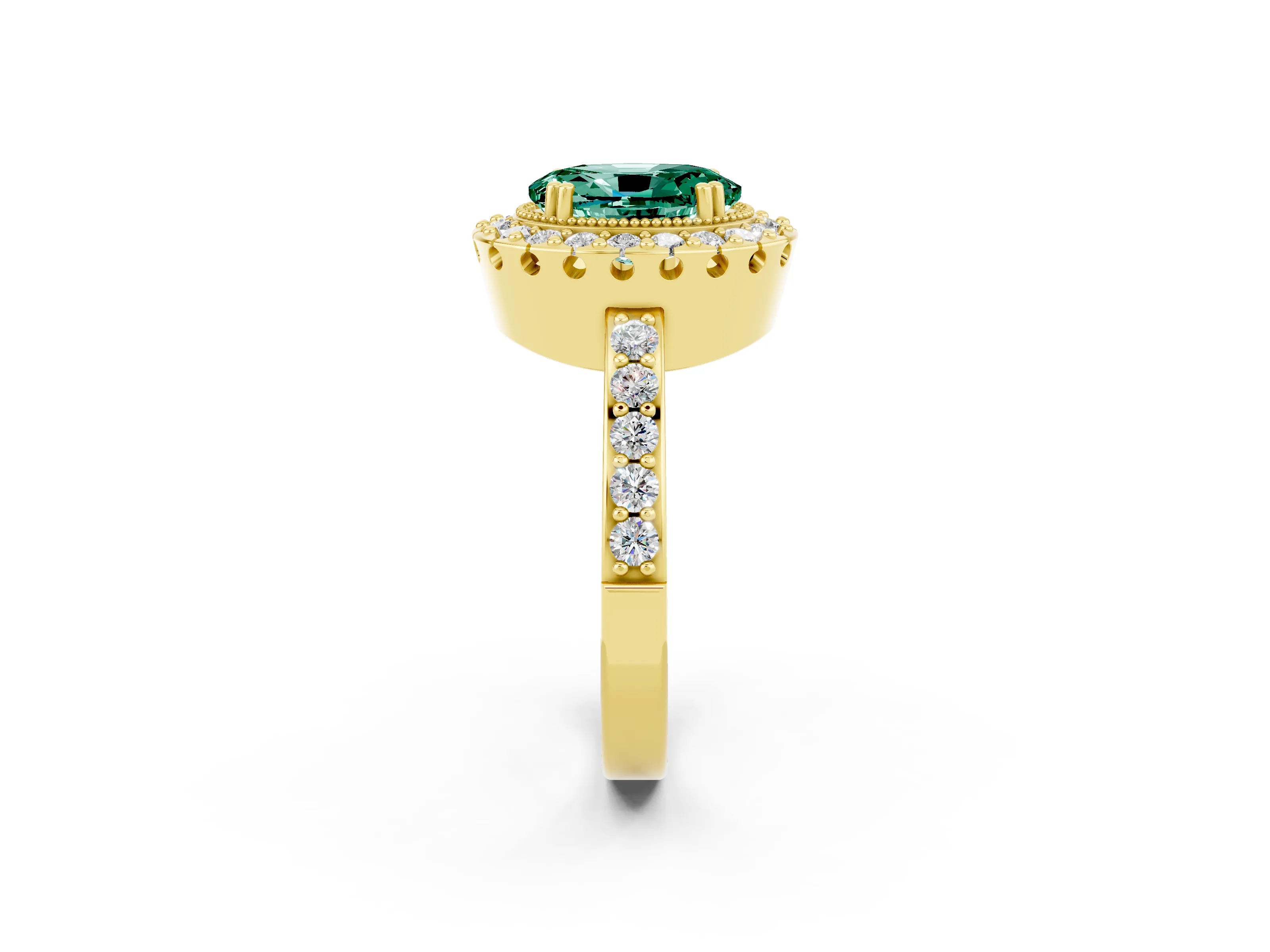 Yellow gold Oval Cut Green Sapphire Halo Ring with Pavé Band and Prong Setting_2