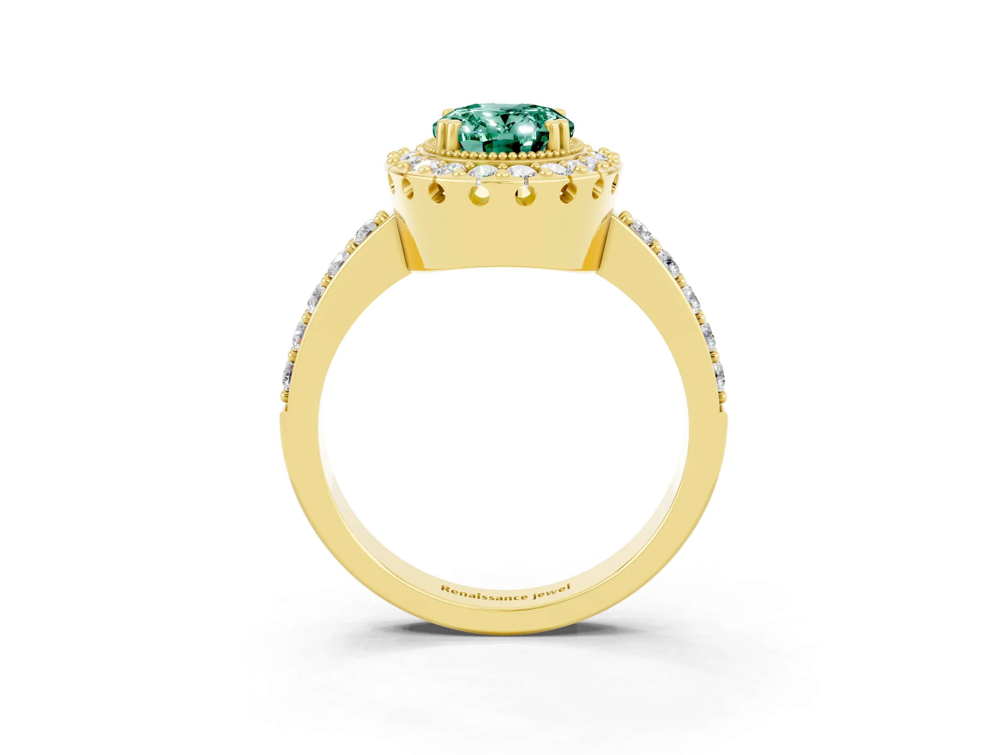 Yellow gold Oval Cut Green Sapphire Halo Ring with Pavé Band and Prong Setting_3