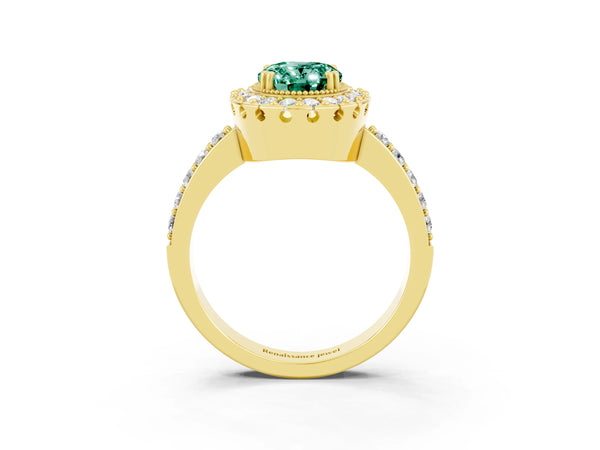 Yellow gold Oval Cut Green Sapphire Halo Ring with Pavé Band and Prong Setting