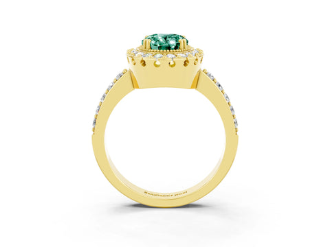 Yellow gold Oval Cut Green Sapphire Halo Ring with Pavé Band and Prong Setting_3