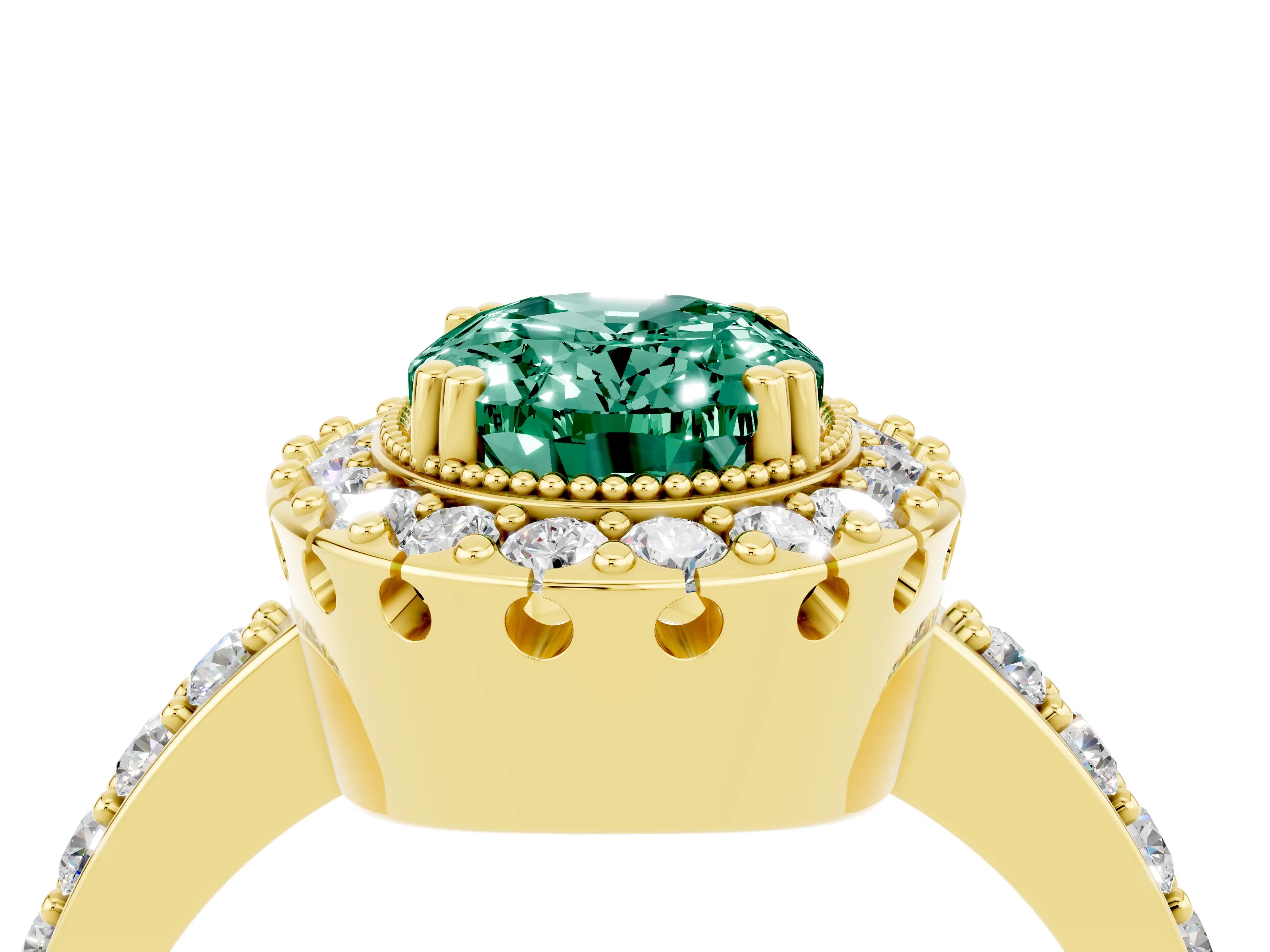 Yellow gold Oval Cut Green Sapphire Halo Ring with Pavé Band and Prong Setting_4