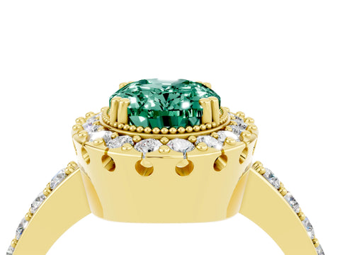 Yellow gold Oval Cut Green Sapphire Halo Ring with Pavé Band and Prong Setting_4