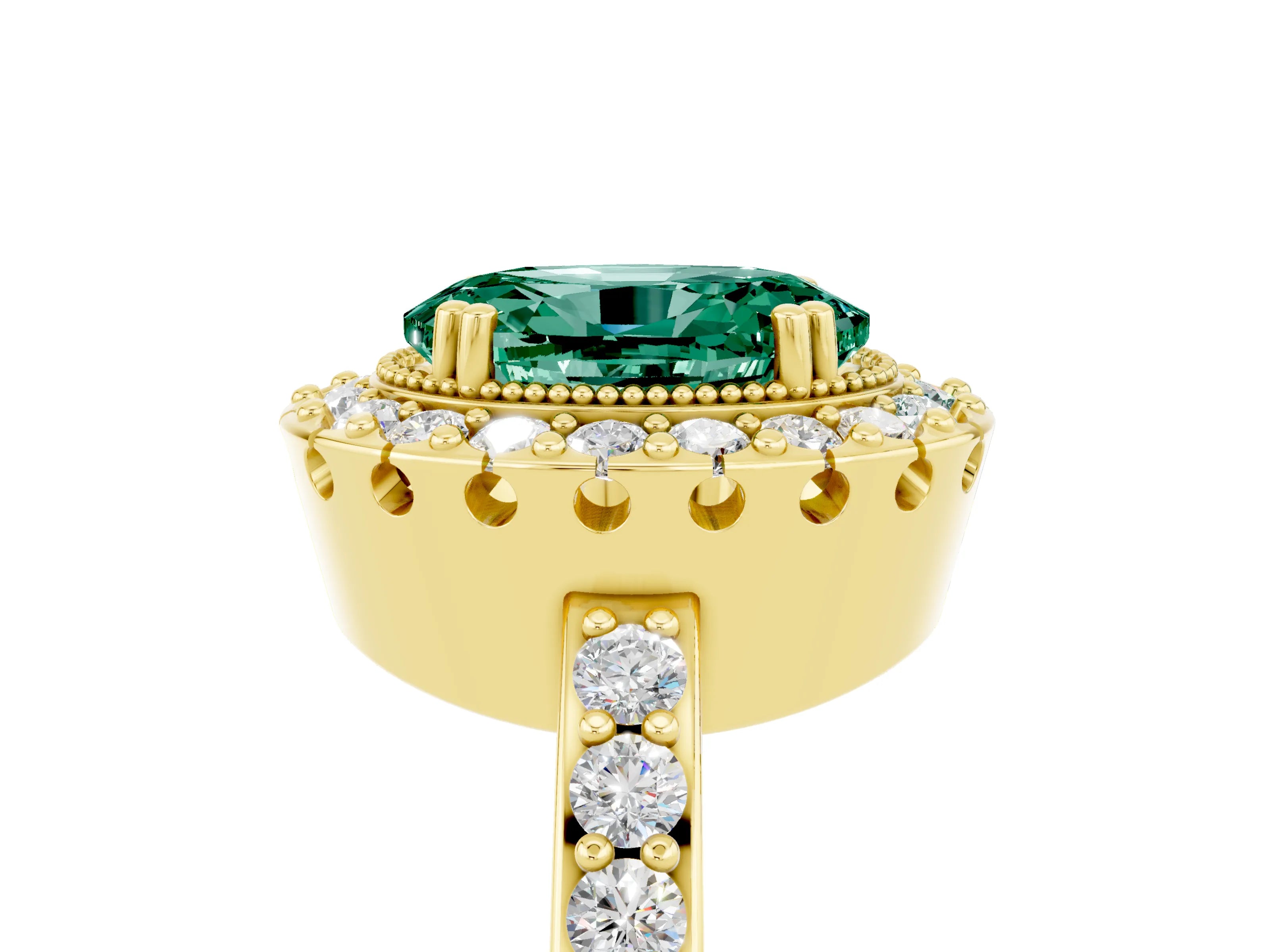 Yellow gold Oval Cut Green Sapphire Halo Ring with Pavé Band and Prong Setting_5