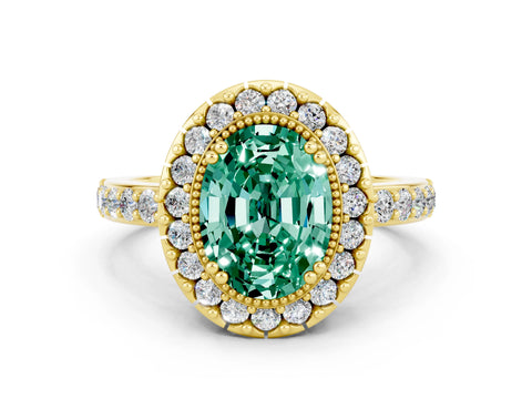 Yellow gold Oval Cut Green Sapphire Halo Ring with Pavé Band and Prong Setting
