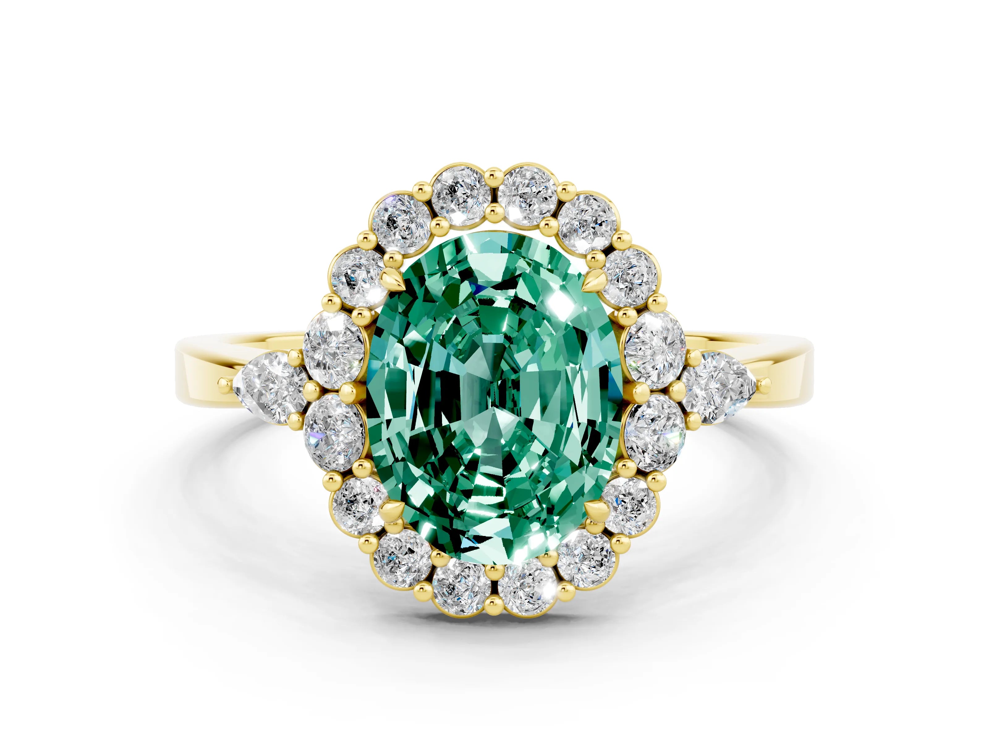 Yellow gold Oval Cut Green Sapphire Halo Ring with Pear Side Stones and Prong Setting_12