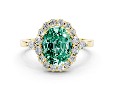 Yellow gold Oval Cut Green Sapphire Halo Ring with Pear Side Stones and Prong Setting_12