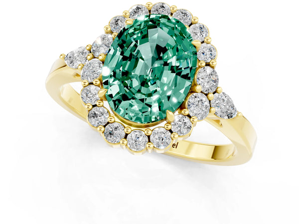 Yellow gold Oval Cut Green Sapphire Halo Ring with Pear Side Stones and Prong Setting