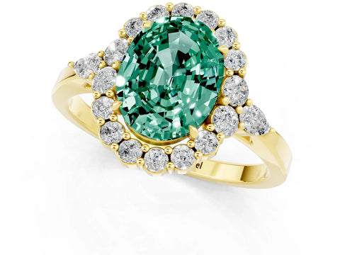 Yellow gold Oval Cut Green Sapphire Halo Ring with Pear Side Stones and Prong Setting_13