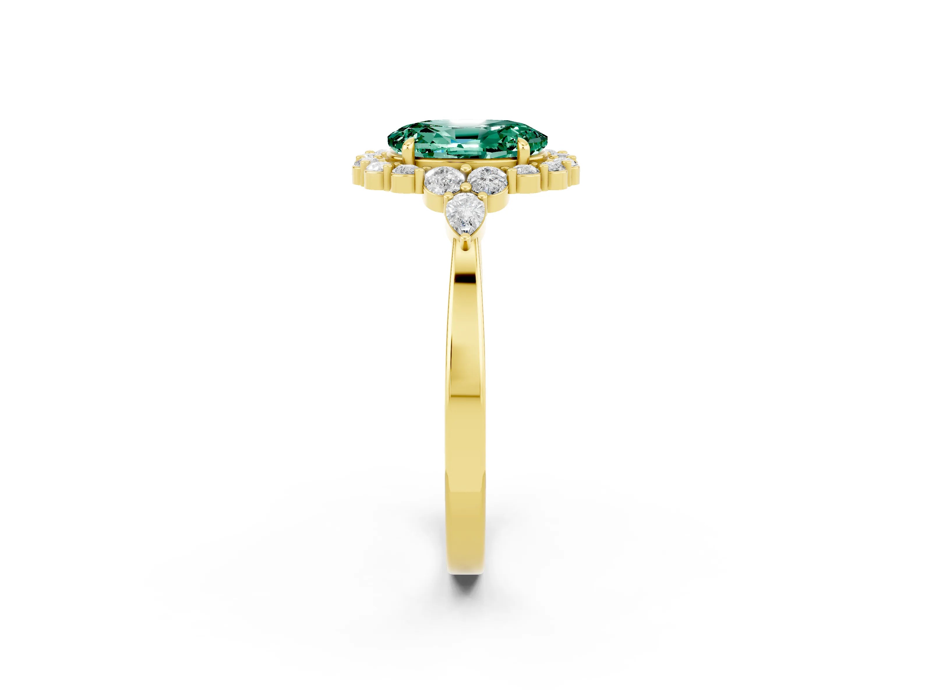 Yellow gold Oval Cut Green Sapphire Halo Ring with Pear Side Stones and Prong Setting_14