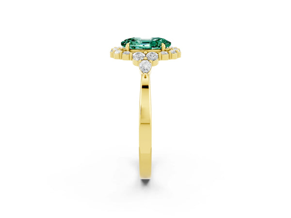Yellow gold Oval Cut Green Sapphire Halo Ring with Pear Side Stones and Prong Setting
