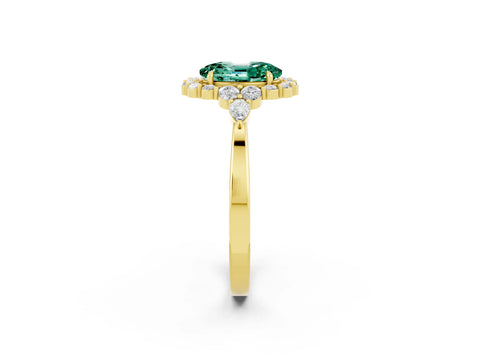 Yellow gold Oval Cut Green Sapphire Halo Ring with Pear Side Stones and Prong Setting_14