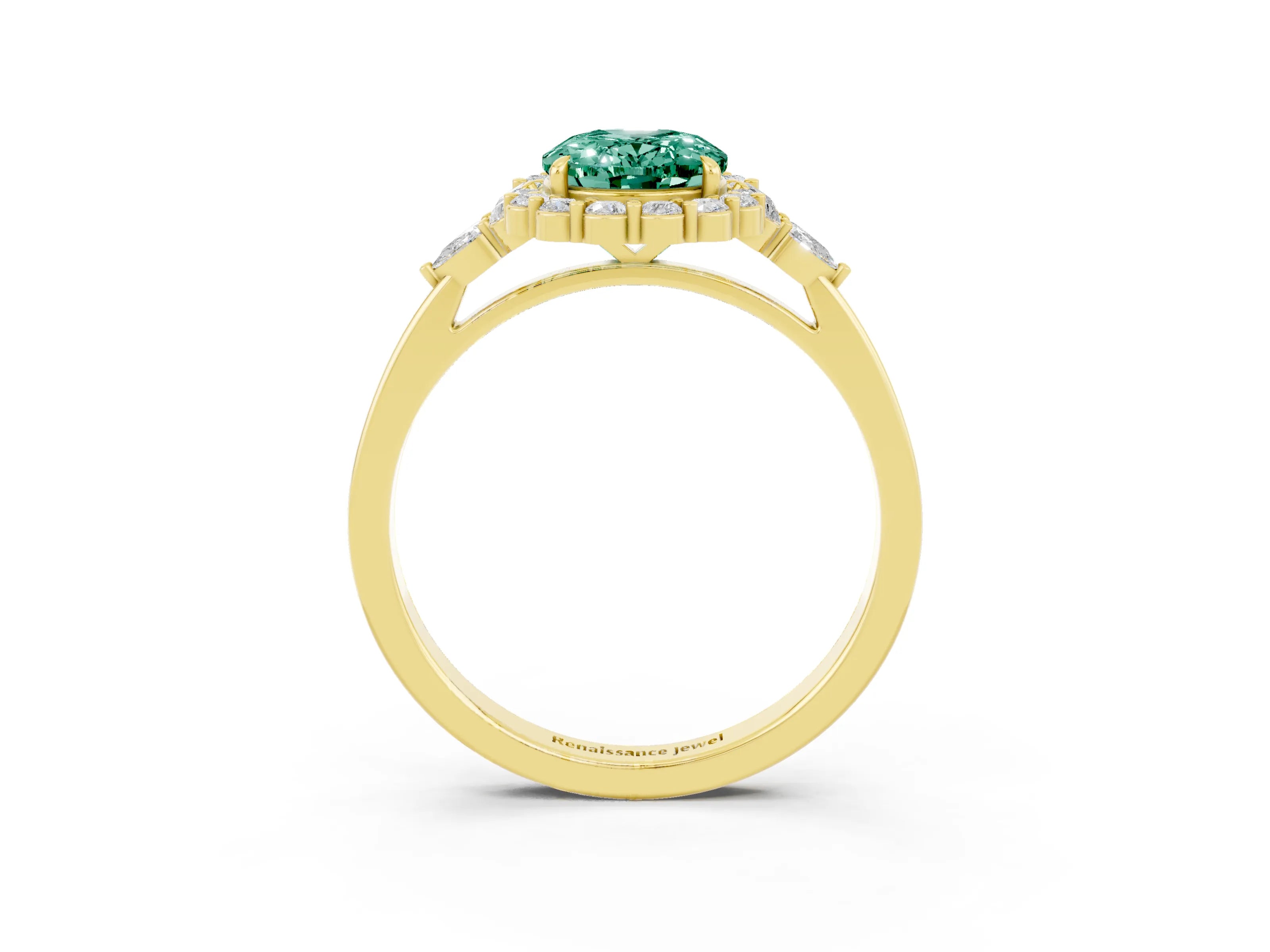 Yellow gold Oval Cut Green Sapphire Halo Ring with Pear Side Stones and Prong Setting_15