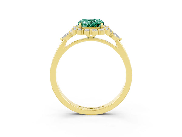 Yellow gold Oval Cut Green Sapphire Halo Ring with Pear Side Stones and Prong Setting