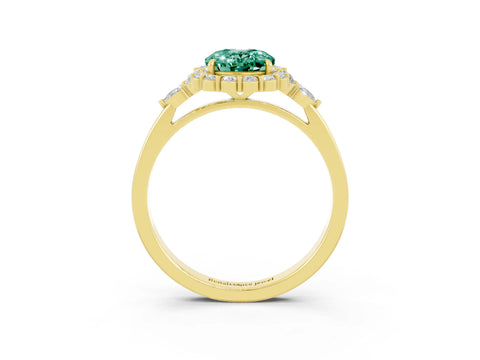 Yellow gold Oval Cut Green Sapphire Halo Ring with Pear Side Stones and Prong Setting_15