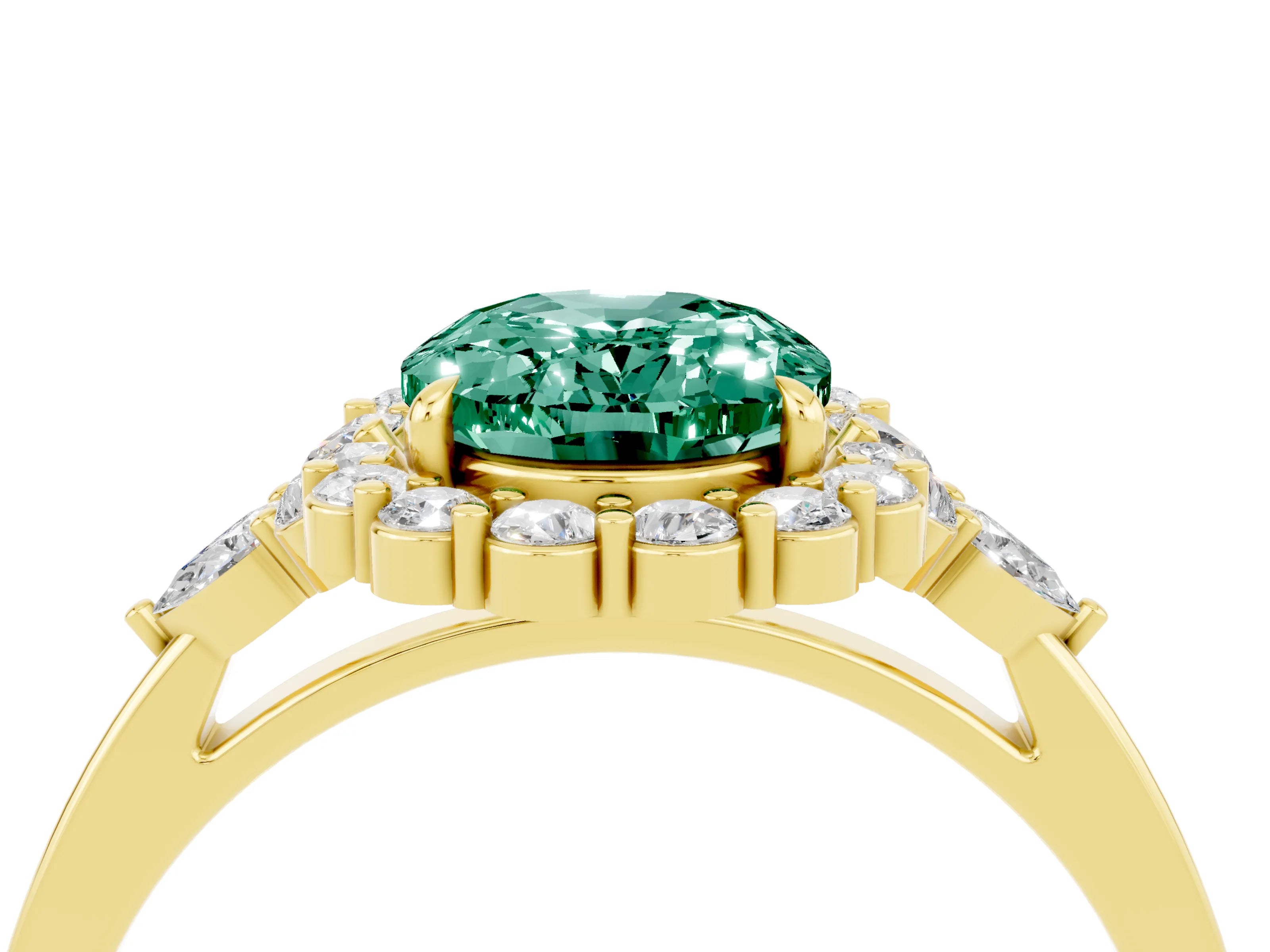 Yellow gold Oval Cut Green Sapphire Halo Ring with Pear Side Stones and Prong Setting_16