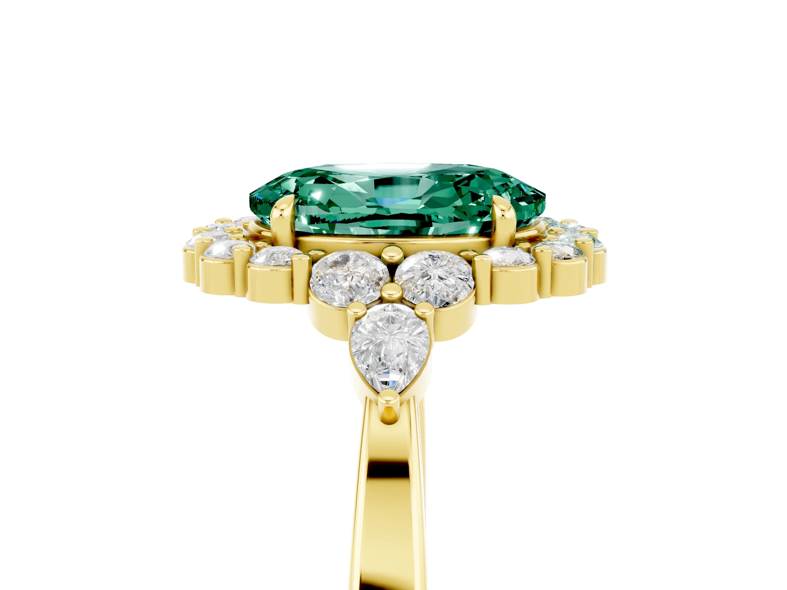 Yellow gold Oval Cut Green Sapphire Halo Ring with Pear Side Stones and Prong Setting_17