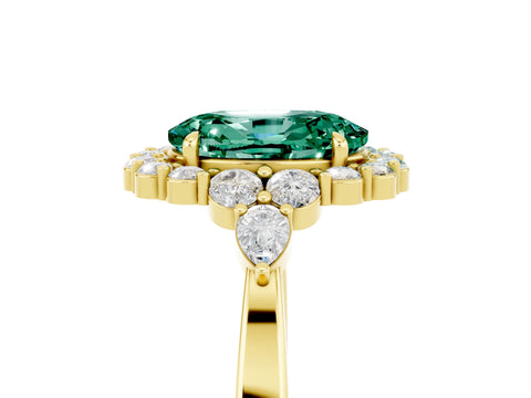 Yellow gold Oval Cut Green Sapphire Halo Ring with Pear Side Stones and Prong Setting_17