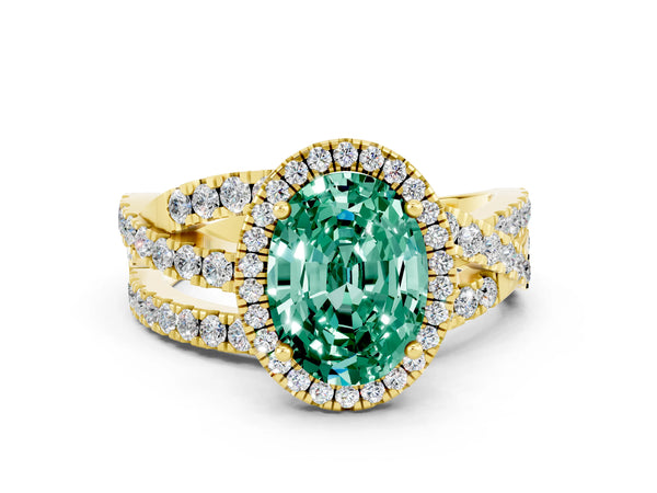 Yellow gold Oval Cut Green Sapphire Halo Ring with Round Split Shank and Prong Setting