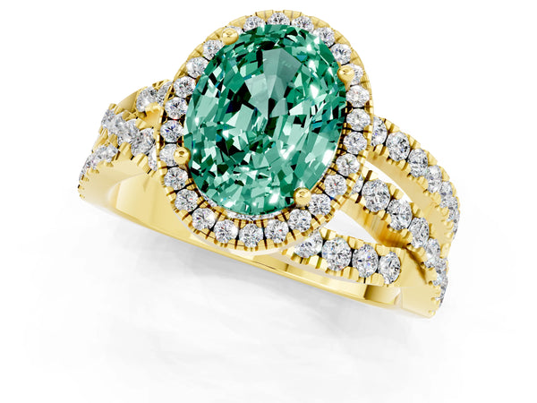 Yellow gold Oval Cut Green Sapphire Halo Ring with Round Split Shank and Prong Setting