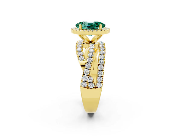 Yellow gold Oval Cut Green Sapphire Halo Ring with Round Split Shank and Prong Setting