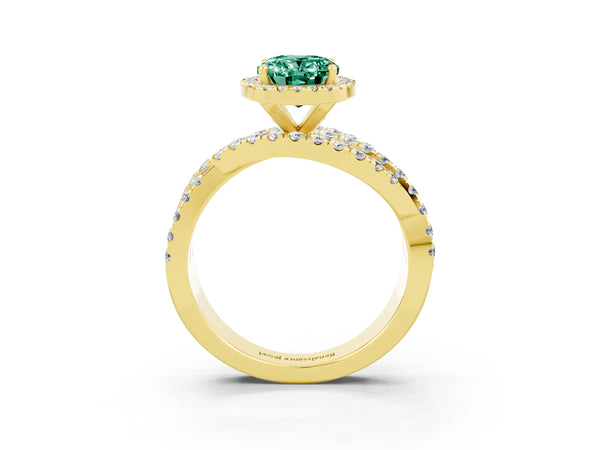 Yellow gold Oval Cut Green Sapphire Halo Ring with Round Split Shank and Prong Setting