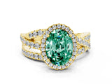 Yellow gold Oval Cut Green Sapphire Halo Ring with Round Split Shank and Prong Setting_48