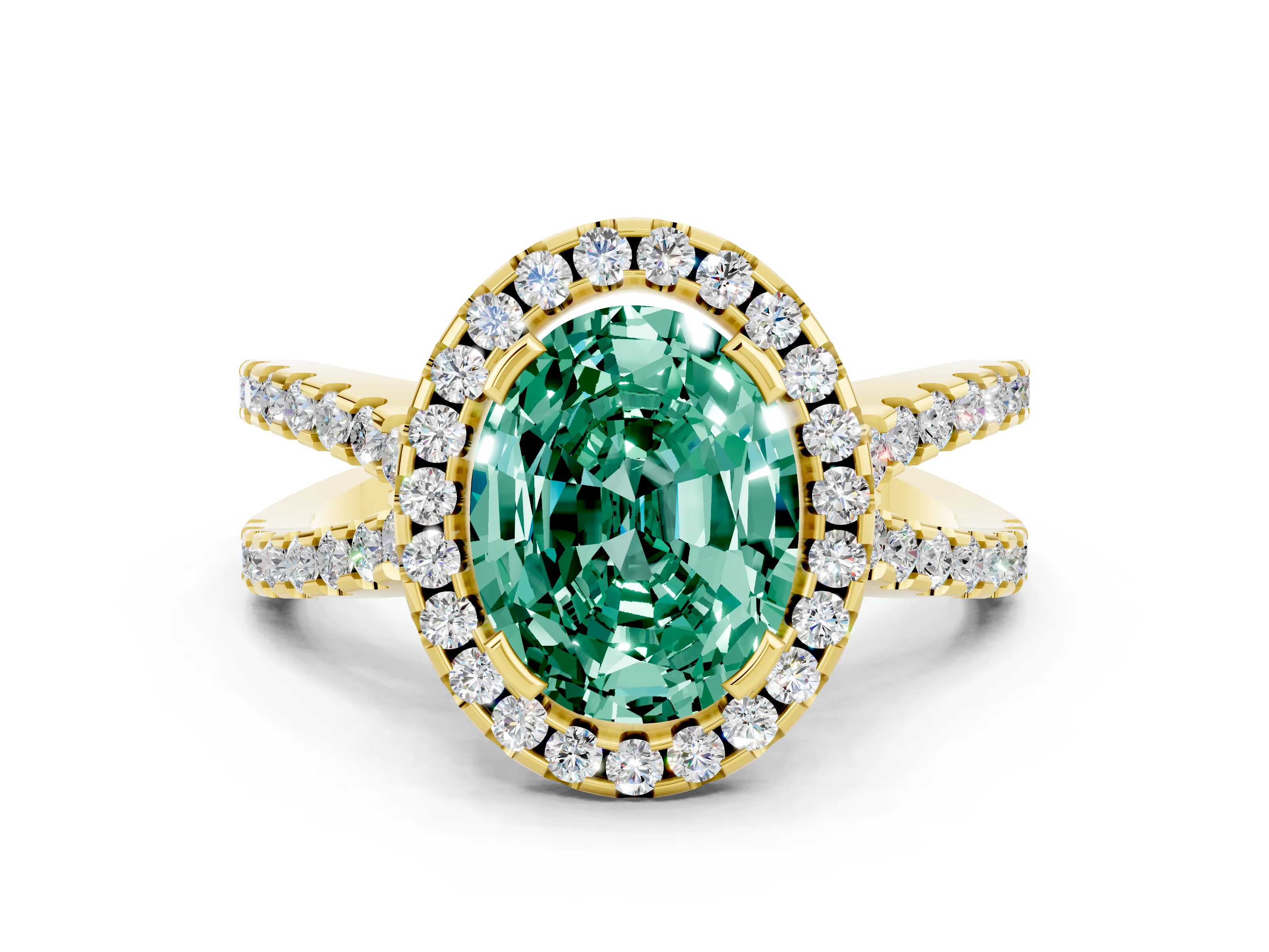 Yellow gold Oval Cut Green Sapphire Halo Ring with Split Shank Pavé Band and Prong Setting