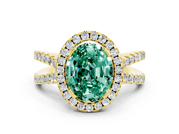 Yellow gold Oval Cut Green Sapphire Halo Ring with Split Shank Pavé Band and Prong Setting