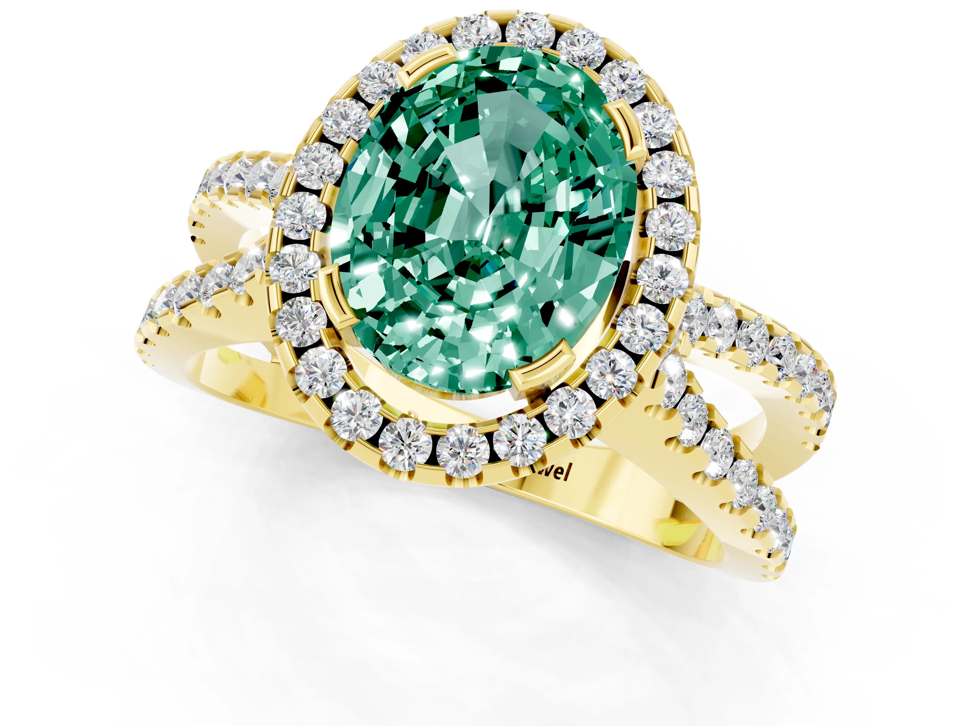 Yellow gold Oval Cut Green Sapphire Halo Ring with Split Shank Pavé Band and Prong Setting_1