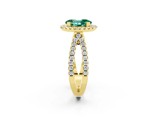 Yellow gold Oval Cut Green Sapphire Halo Ring with Split Shank Pavé Band and Prong Setting
