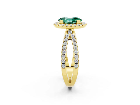 Yellow gold Oval Cut Green Sapphire Halo Ring with Split Shank Pavé Band and Prong Setting_2