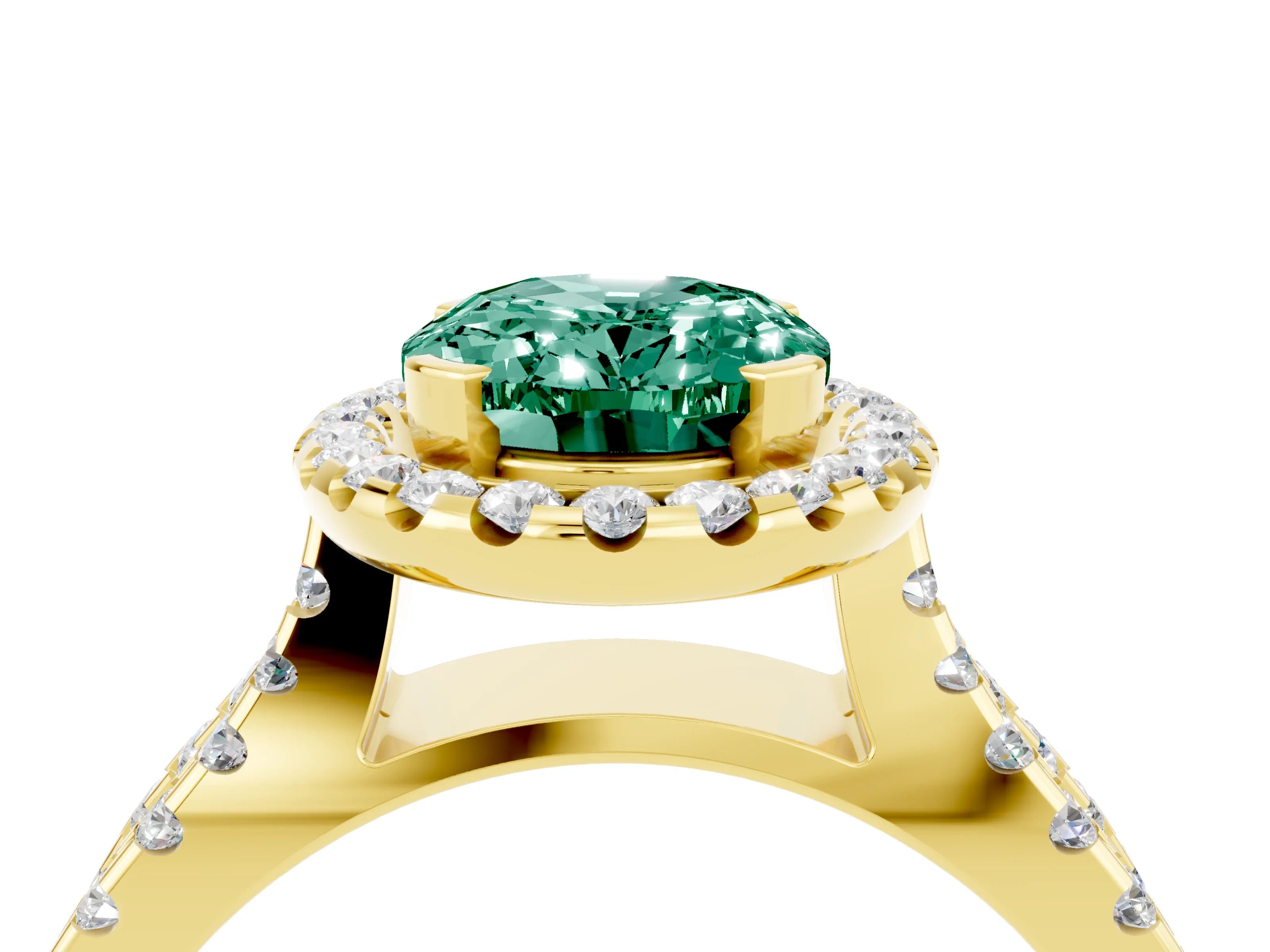 Yellow gold Oval Cut Green Sapphire Halo Ring with Split Shank Pavé Band and Prong Setting_4