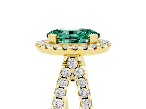 Yellow gold Oval Cut Green Sapphire Halo Ring with Split Shank Pavé Band and Prong Setting_5