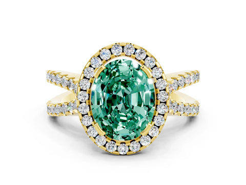 Yellow gold Oval Cut Green Sapphire Halo Ring with Split Shank Pavé Band and Prong Setting
