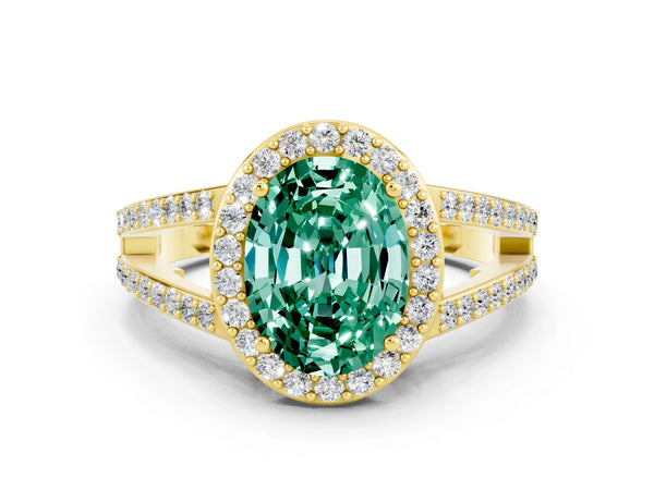 Yellow gold Oval Cut Green Sapphire Halo Ring with Split Shank U-Prong Band and Four-Prong Setting