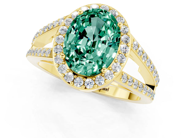 Yellow gold Oval Cut Green Sapphire Halo Ring with Split Shank U-Prong Band and Four-Prong Setting