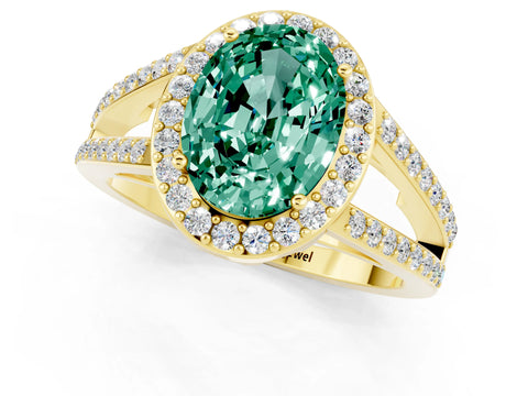 Yellow gold Oval Cut Green Sapphire Halo Ring with Split Shank U-Prong Band and Four-Prong Setting_1