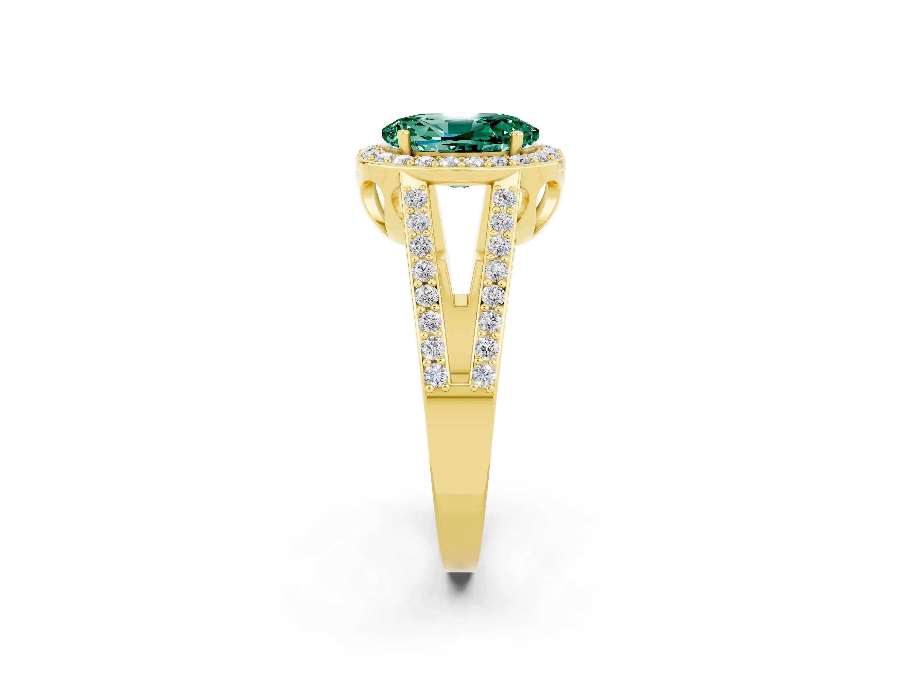 Yellow gold Oval Cut Green Sapphire Halo Ring with Split Shank U-Prong Band and Four-Prong Setting_2