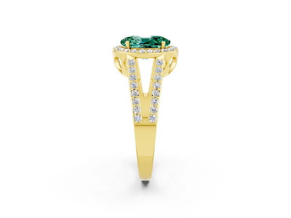 Yellow gold Oval Cut Green Sapphire Halo Ring with Split Shank U-Prong Band and Four-Prong Setting