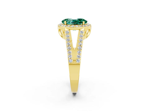 Yellow gold Oval Cut Green Sapphire Halo Ring with Split Shank U-Prong Band and Four-Prong Setting_2