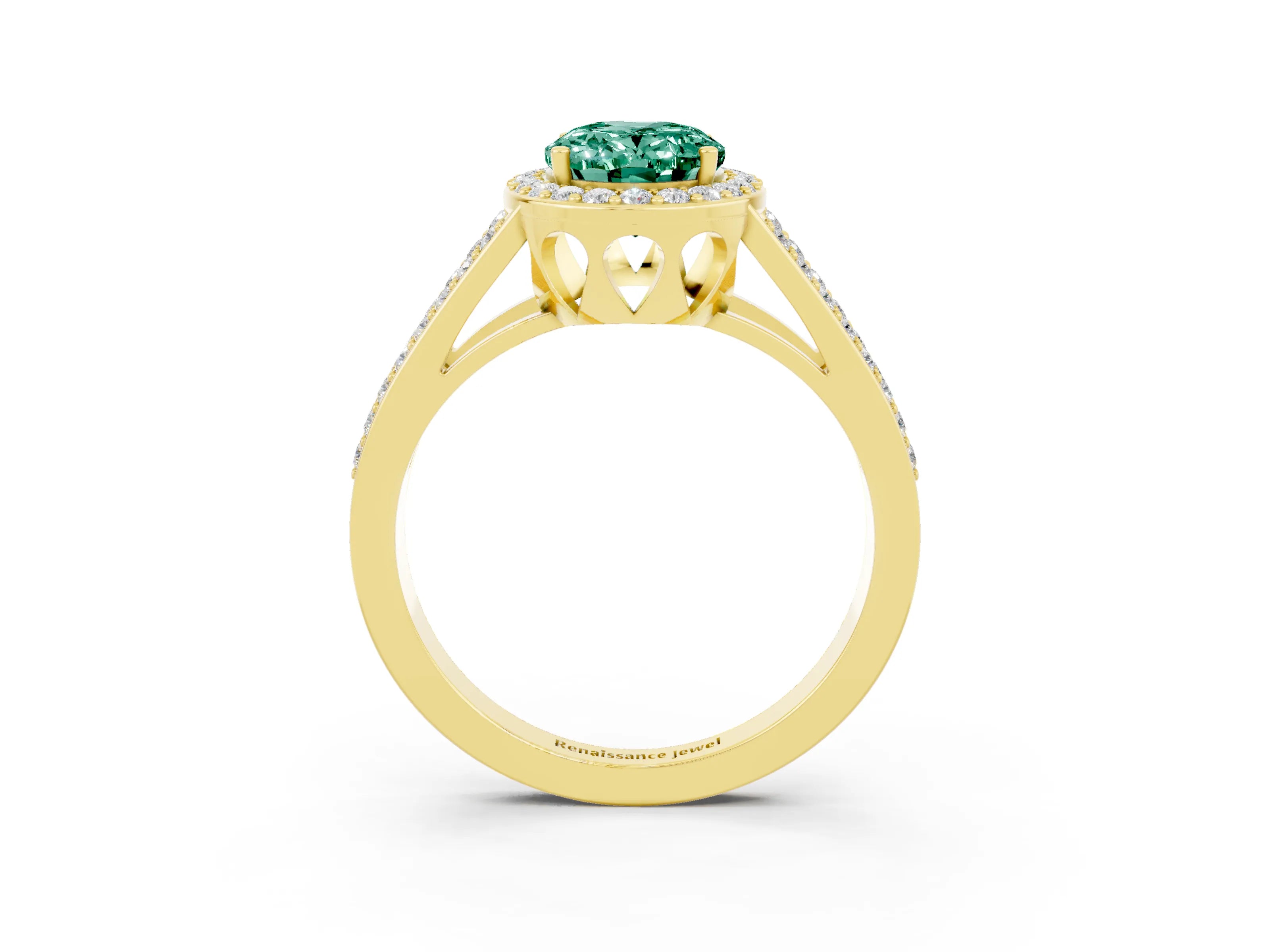 Yellow gold Oval Cut Green Sapphire Halo Ring with Split Shank U-Prong Band and Four-Prong Setting_3