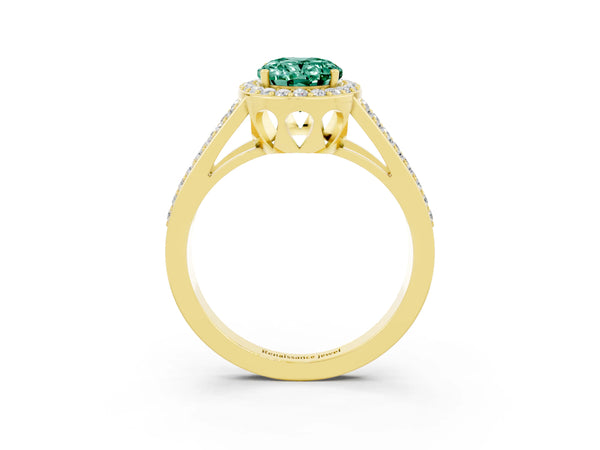 Yellow gold Oval Cut Green Sapphire Halo Ring with Split Shank U-Prong Band and Four-Prong Setting
