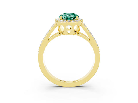 Yellow gold Oval Cut Green Sapphire Halo Ring with Split Shank U-Prong Band and Four-Prong Setting_3