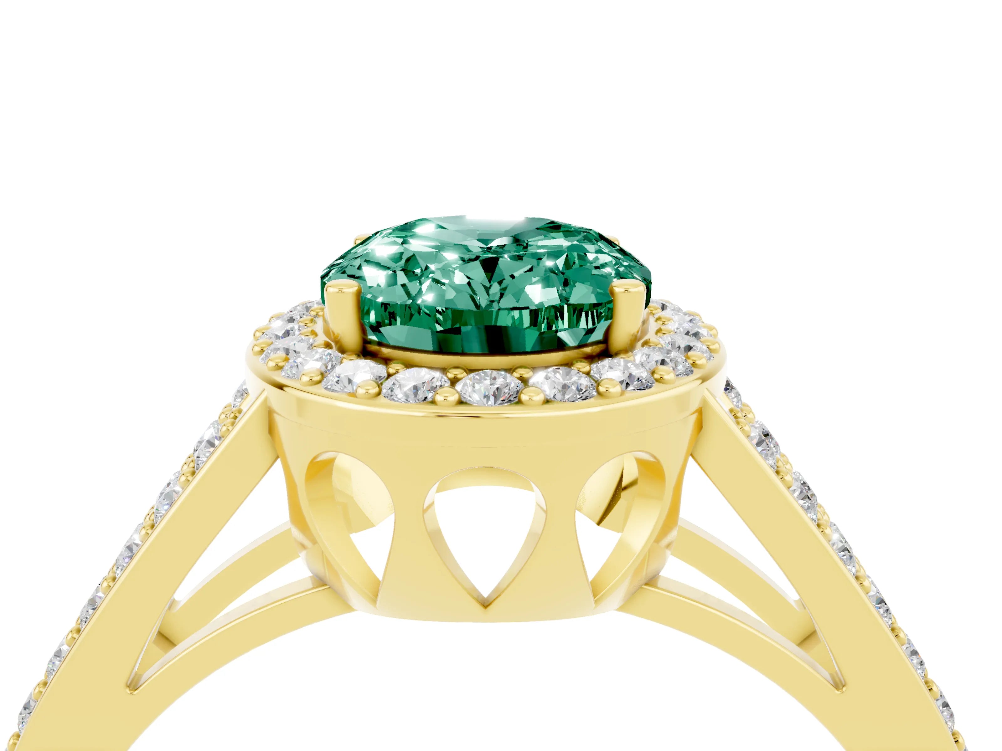 Yellow gold Oval Cut Green Sapphire Halo Ring with Split Shank U-Prong Band and Four-Prong Setting_4